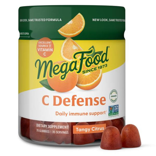 MegaFood C Defense Daily Immune Support Supplement - Chewable Vitamin C Gummies, Tangy Citrus Flavor, Made with Real Food Like Orange & Cranberry, Vegan, Gluten-Free - 70 Gummy Vitamins, 35 Servings
