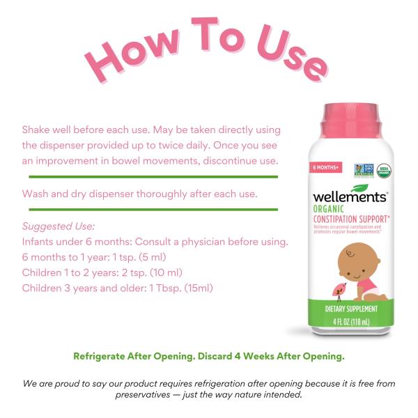 2x Wellements Organic Constipation Support | Safe and Gentle Organic Constipation Relief for Infants, Babies and Toddlers | No Harsh Laxatives | USDA Certified Organic | 4 Fl Oz. 6 Months +