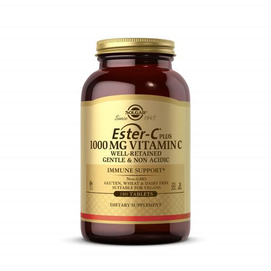 Solgar Ester-C Plus 1000 mg Vitamin C (Ascorbate Complex) - 180 Tablets - Gentle & Non Acidic - Supports Upper Respiratory Health - Non-GMO, Gluten-Free - 180 Servings