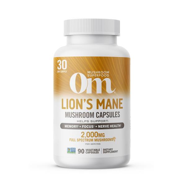 OM MUSHROOM SUPERFOOD Lion's Mane Mushroom Capsules Superfood Supplement, 90 Count, 30 Day Supply, Fruit Body and Mycelium Nootropic for Memory, Focus, Nerve Health and Immune Support