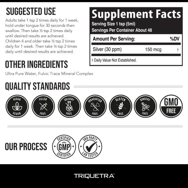 Bioactive Colloidal Silver - 8 oz, Glass Bottle, Vegan, Safe Doses with Highest Effectiveness - Nano Ions, 30 PPM - Immune Support (48 Servings)