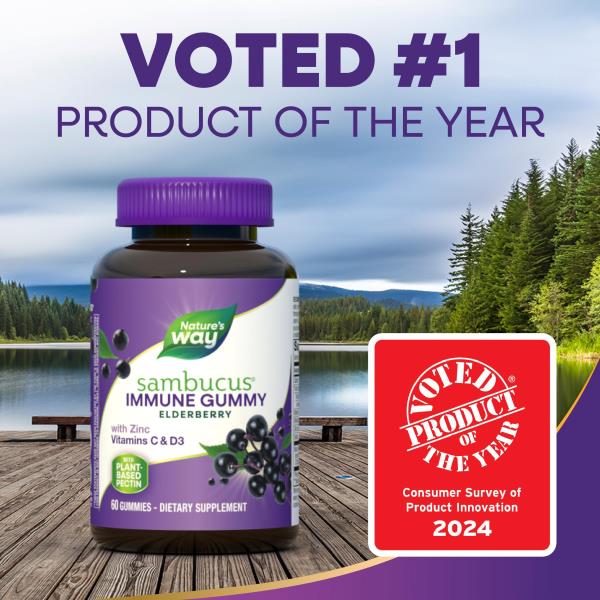(2) Nature’s Way Sambucus Elderberry Immune Gummies, Daily Immune Support for Kids and Adults*, with Vitamin C, Vitamin D3, Zinc, Gluten Free, Vegetarian, 60 Gummies