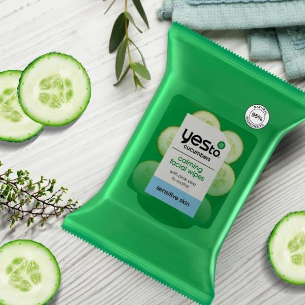 2 Packs Yes To Face Wipes for Women and Men, Sensitive Facial Cleansing Wipes for use as a Make Up Remover, Cleaning, Soothing, Cucumbers Aloe Vera