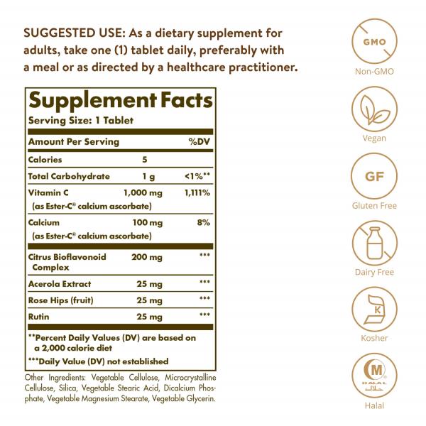 Solgar Ester-C Plus 1000 mg Vitamin C (Ascorbate Complex) - 180 Tablets - Gentle & Non Acidic - Supports Upper Respiratory Health - Non-GMO, Gluten-Free - 180 Servings