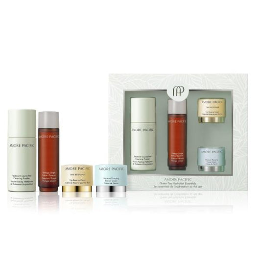AMOREPACIFIC Green Tea Hydration Essentials Set | Includes Korean Cleansing Powder, Essence, Eye Cream, and Face Moisturizer