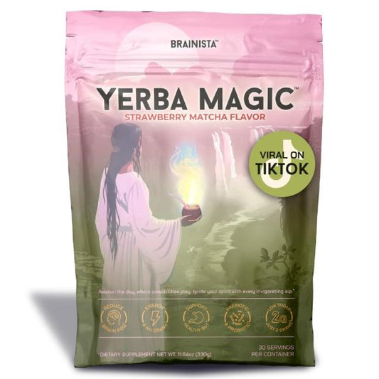 Brainista Yerba Mate Instant Tea Powder, 3-in-1 Super Drink - Clean Energy, Brain Fog Buster, and Gut Health Powered by Nootropics, Prebiotics and Probiotics | Yerba Magic Strawberry Matcha 30 Servings