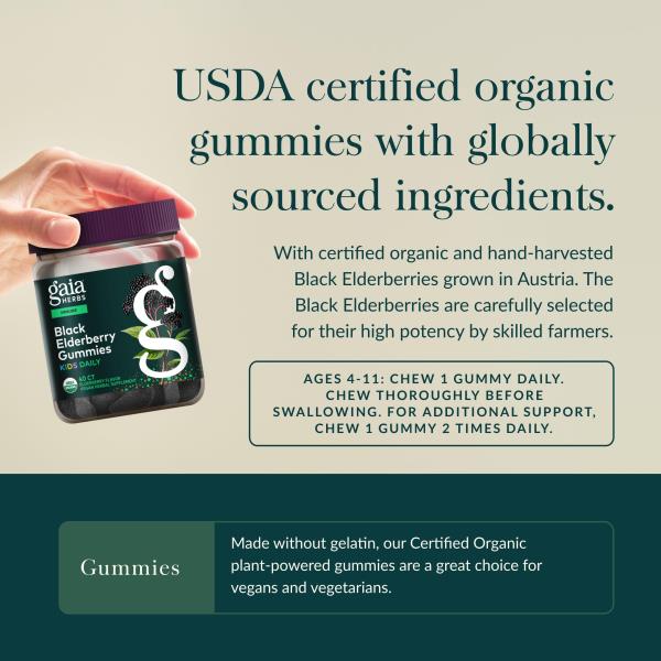 Gaia Herbs GaiaKids Black Elderberry Daily Gummies for Kids - Delicious Immune Support Supplement - Certified Organic Black Elderberries for Immune System Support - 40 Gummies (40-Day Supply)
