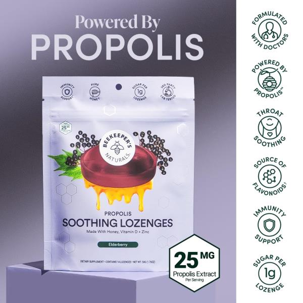 Beekeeper's Naturals Soothing Honey Elderberry Cough Drops Immune Support with Vitamin D, Zinc and Propolis Throat Soothing Lozenges, 14 Ct