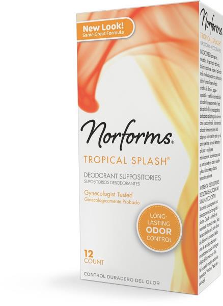 3 Norforms Feminine Deodorant Suppositories Long Lasting Odor Control Tropical Splash, 12 Count