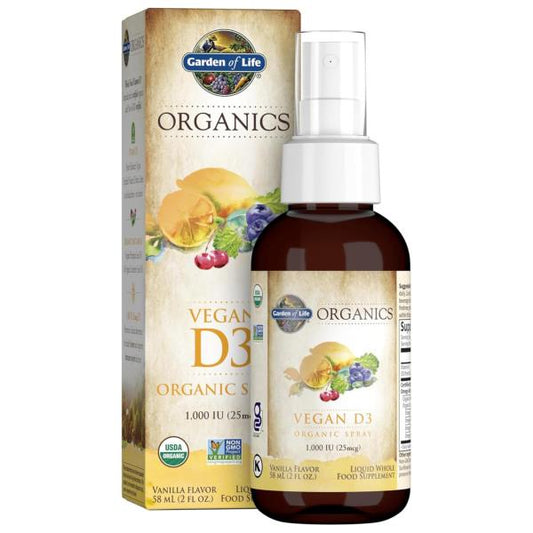 Garden of Life Organics Vegan Vitamin D3, Liquid 1000 IU Per Spray, D3 Plus Omegas - Vanilla Flavor - 125 Servings - 2fl oz Liquid Whole Food D3 Vitamin Supplement