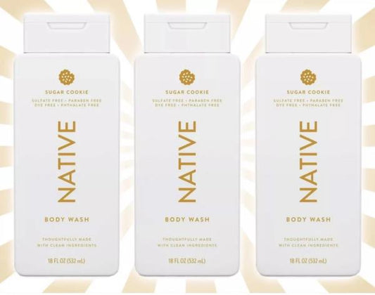 Native Body Wash - Sugar Cookie, Sulfate-Free, Dye-Free, 18 fl oz, Bundle of 3