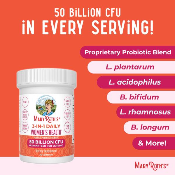 Lot of 2 MaryRuth Organics 3-in-1 Daily Health Probiotics for Women | Clinically Tested | Hormone Support & Gut Health Supplement | 50 Billion CFU | Allergen Free | 30 ct