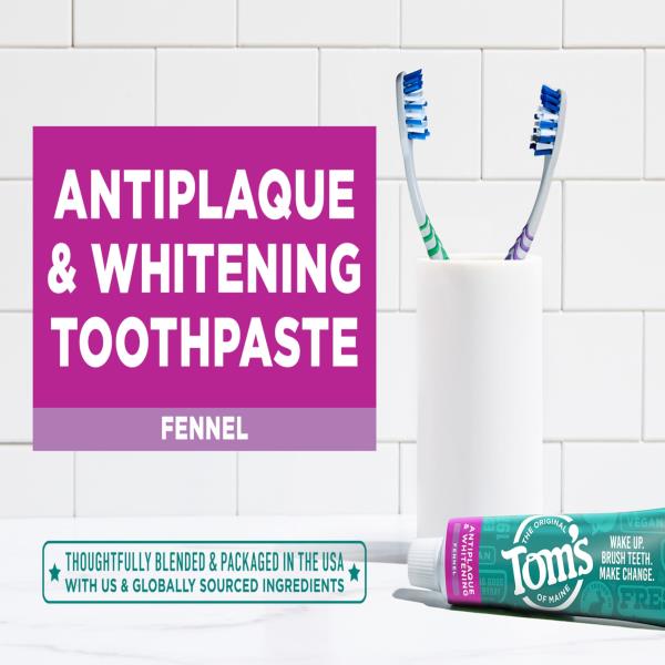 (6 tubes) Tom’s of Maine Antiplaque and Whitening Toothpaste, Fluoride Free, Fennel, Single, 4.5 Oz