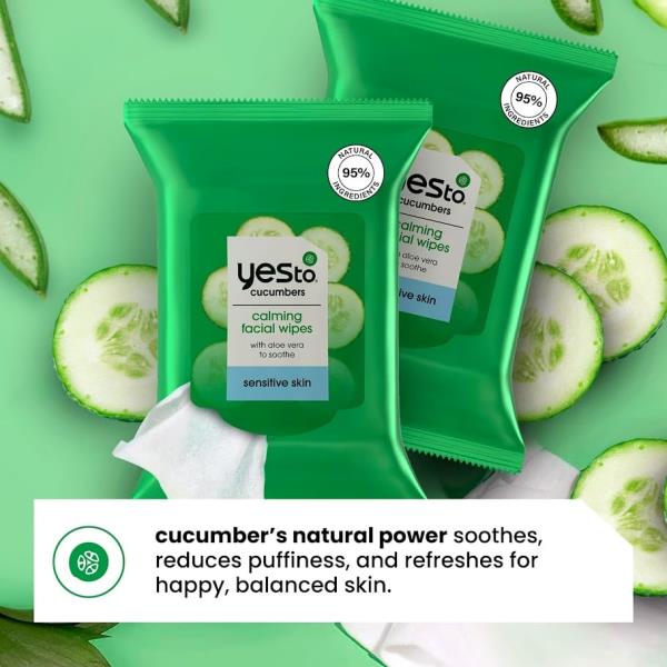 2 Packs Yes To Face Wipes for Women and Men, Sensitive Facial Cleansing Wipes for use as a Make Up Remover, Cleaning, Soothing, Cucumbers Aloe Vera