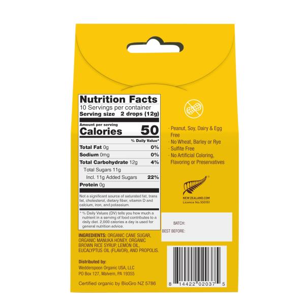 Wedderspoon Organic Manuka Honey Drops, Lemon & Bee Propolis, 20 Count (Pack of 1) | Genuine New Zealand Honey | Perfect Remedy For Dry Throats