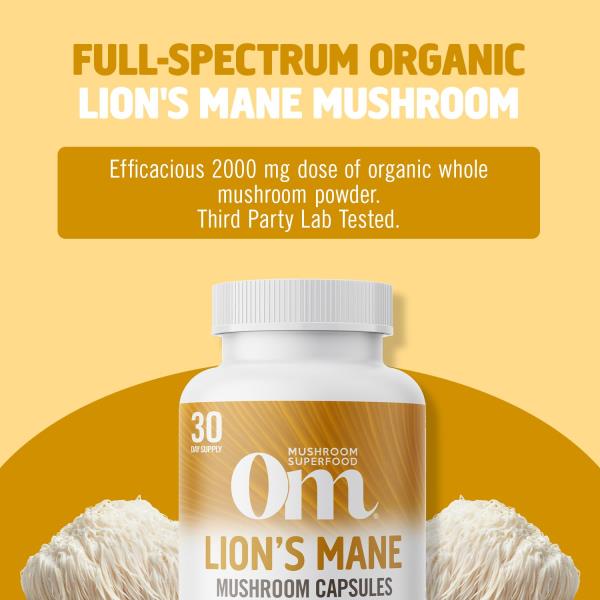 OM MUSHROOM SUPERFOOD Lion's Mane Mushroom Capsules Superfood Supplement, 90 Count, 30 Day Supply, Fruit Body and Mycelium Nootropic for Memory, Focus, Nerve Health and Immune Support