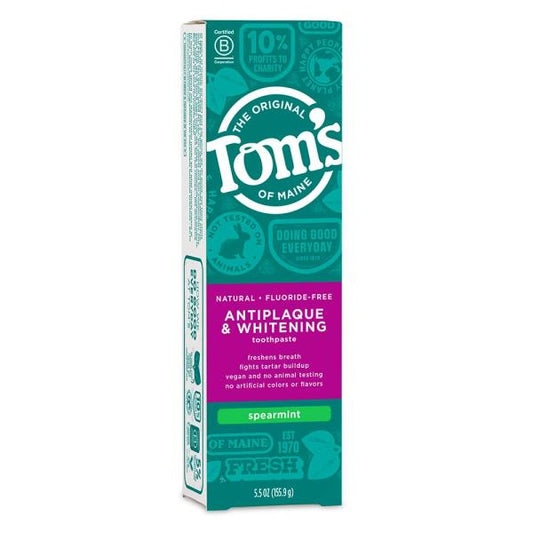 (6 tubes) Tom's of Maine Fluoride-Free Antiplaque & Whitening Natural Toothpaste, Spearmint, 5.5 oz.