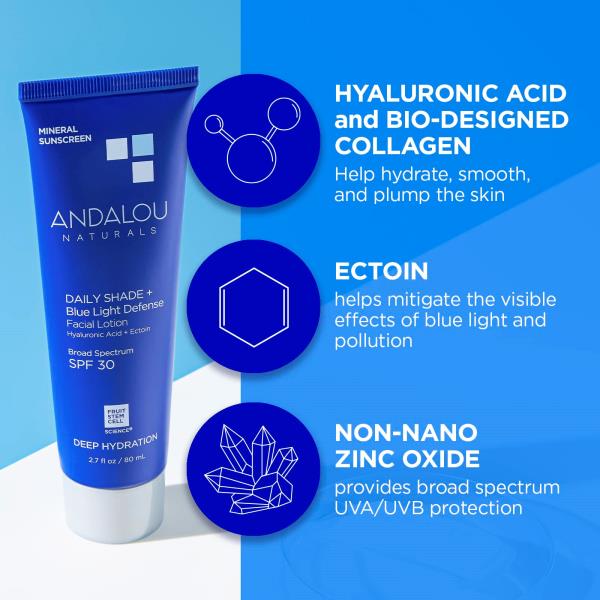 Andalou Naturals Face Sunscreen, SPF 30 Daily Shade + Blue Light Defense Facial Lotion, Broad Spectrum Protection, Deeply Hydrating Mineral Sun Block with Hyaluronic Acid & Zinc Oxide, 2.7 Fl Oz