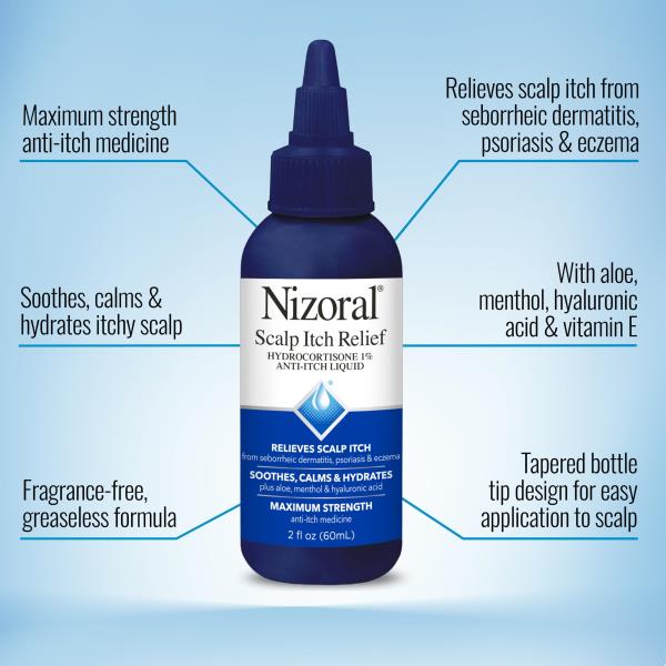 Nizoral Scalp Itch Relief Liquid—Relieves Scalp Itch and Soothes, Calms and Hydrates with Maximum Strength Anti-Itch Medicine (Hydrocortisone 1%), 2 Fl Oz