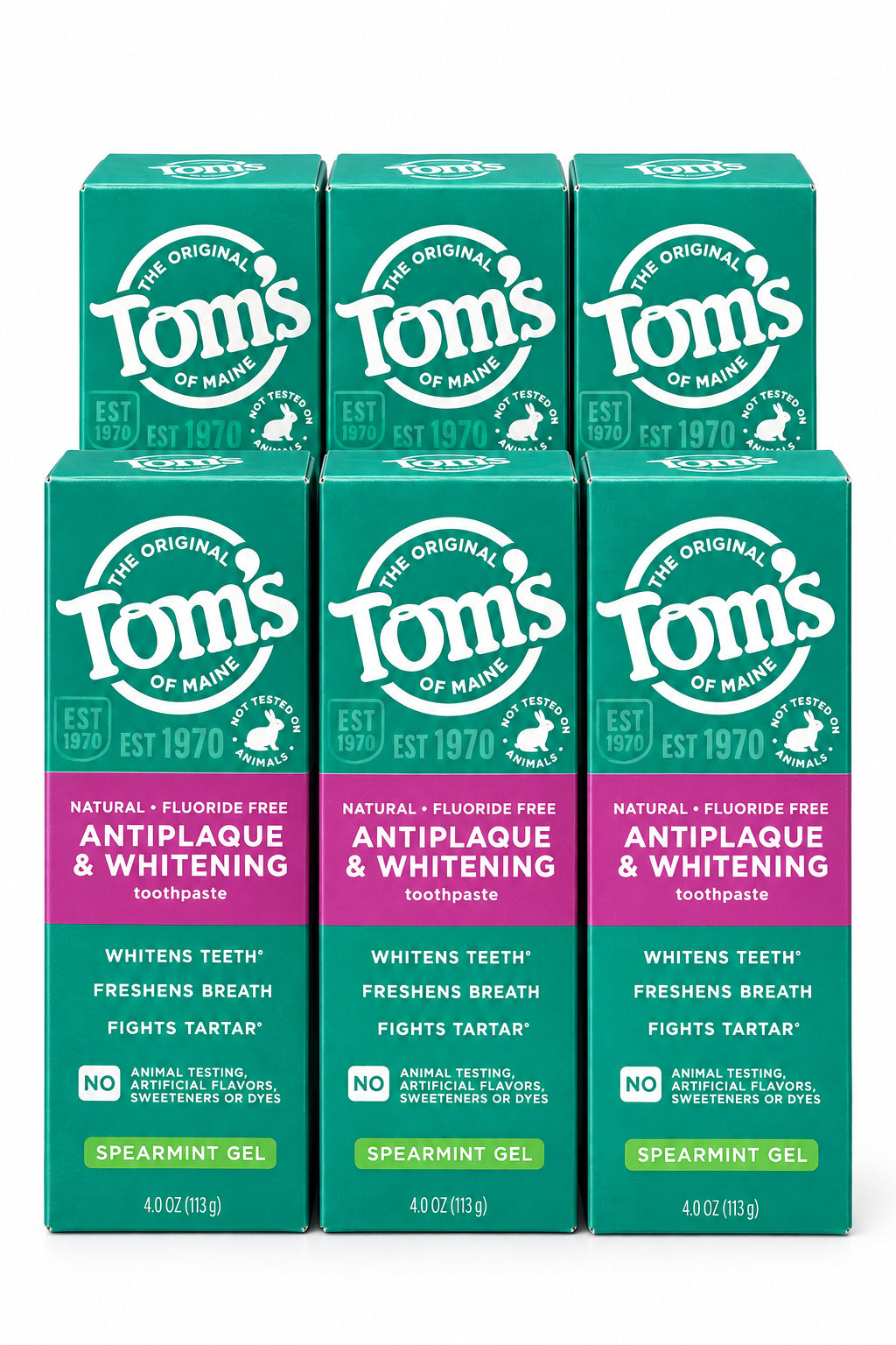 (6 tubes) Tom's of Maine Fluoride-Free Antiplaque & Whitening Natural Toothpaste, GEL Spearmint, 5.5 oz.