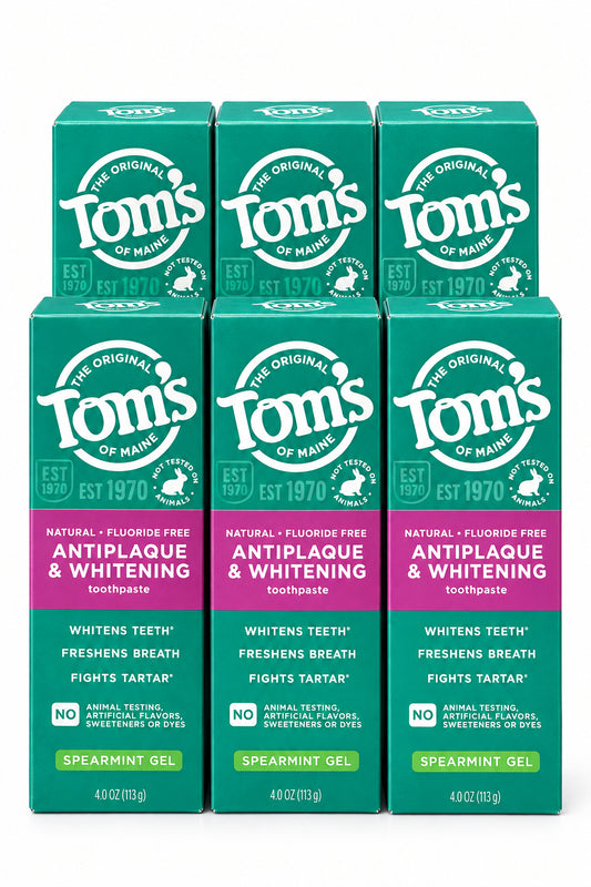(6 tubes) Tom's of Maine Fluoride-Free Antiplaque & Whitening Natural Toothpaste, GEL Spearmint, 5.5 oz.