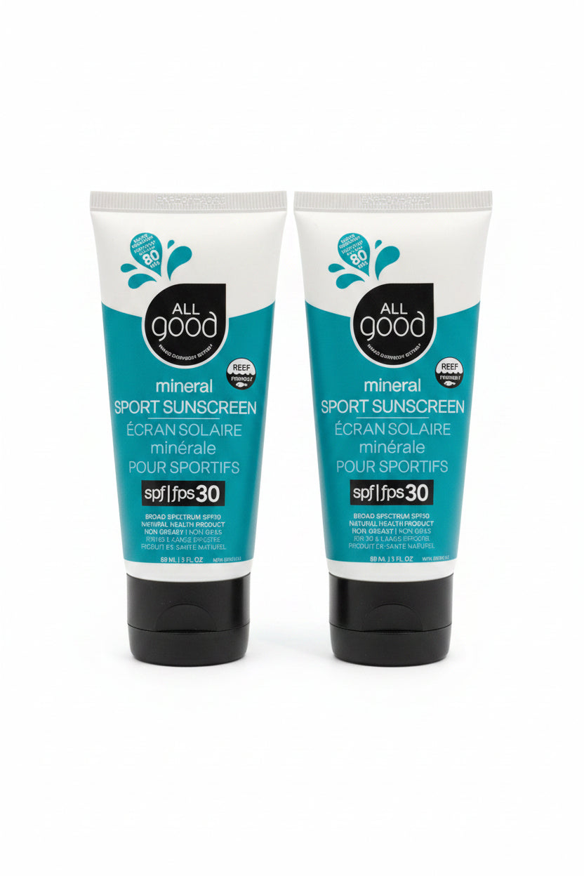 2x All Good Sunscreen - Sport Mineral Sunscreen Lotion, Reef Friendly, SPF 30+ for Face & Body, Water & Sweat Resistant (3oz)